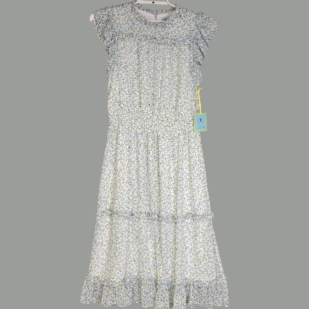 Cee Cee Country Stroll Dress Womens XL Blue White Floral Ruffle Tiered New